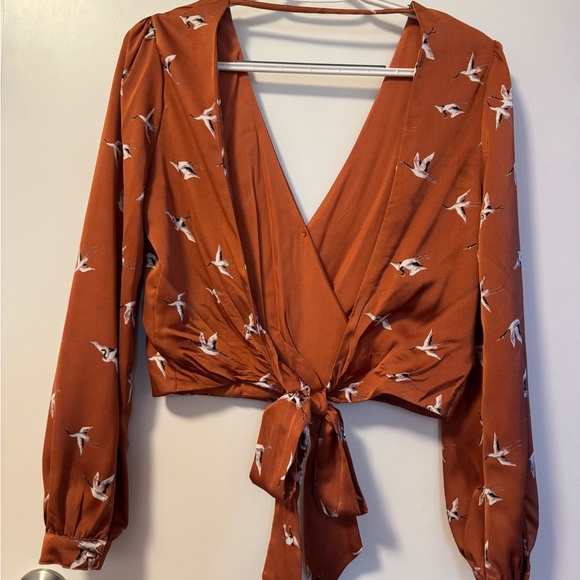 Silk Rust Bird Print Wrap blouse - Picture 3 of 6